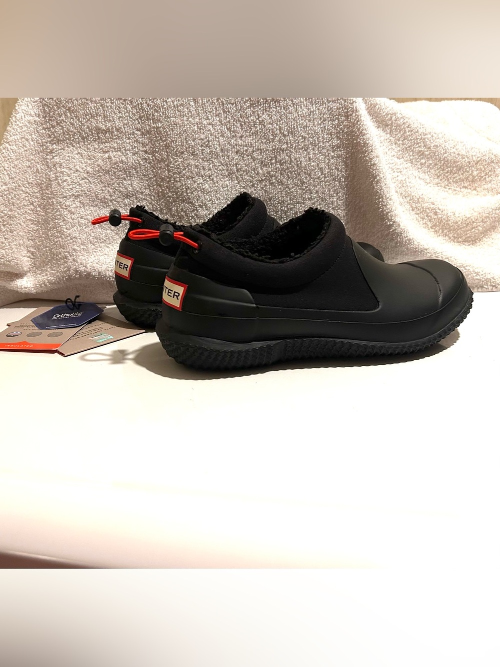 Hunter Black Slip-On Waterproof Rain Shoe with Red Heel Pull SIZE: 5